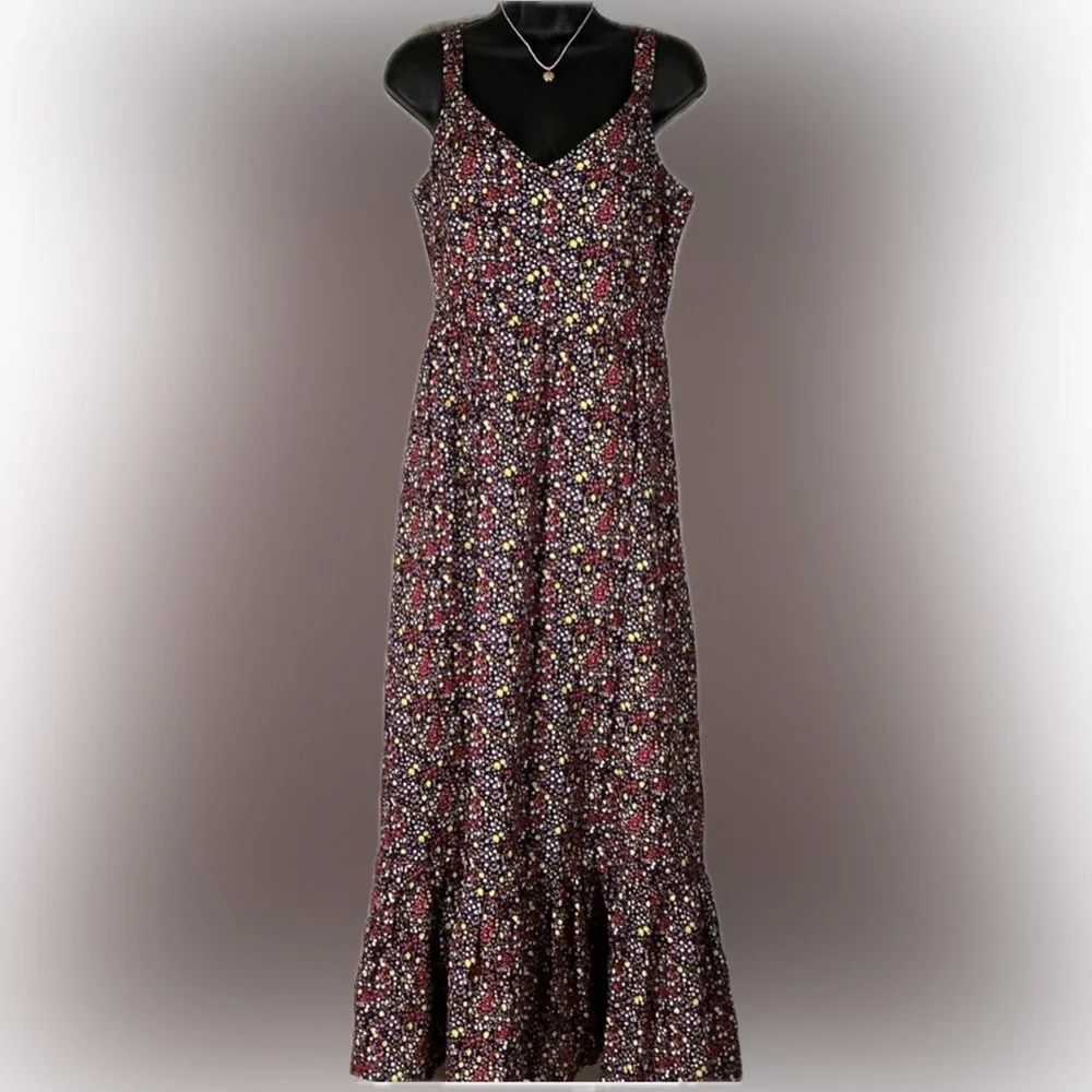 J.Crew Navy Floral Maxi Dress Size 8 Sleeveless Ruffle Hem Summer Vacation
